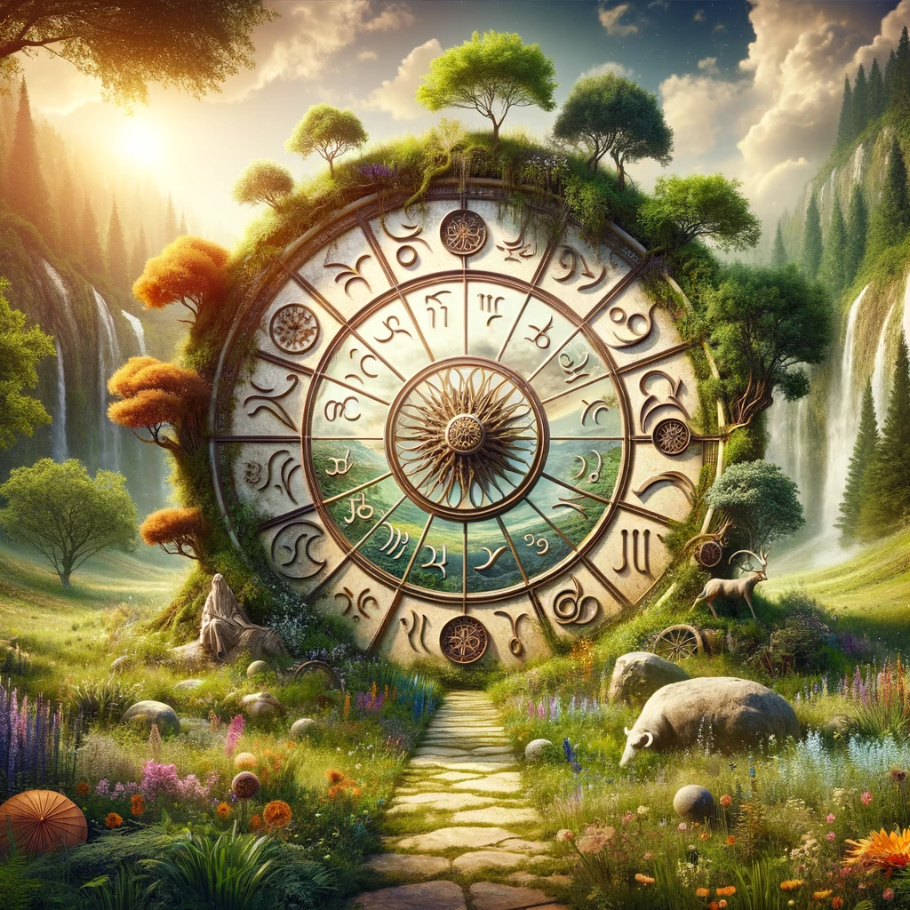 ·E 2024 01 05 23.52.26   A serene image of an astrology wheel integrated into a natural landscape, symbolizing the harmony between astrology and the natural world. The wheel i.png