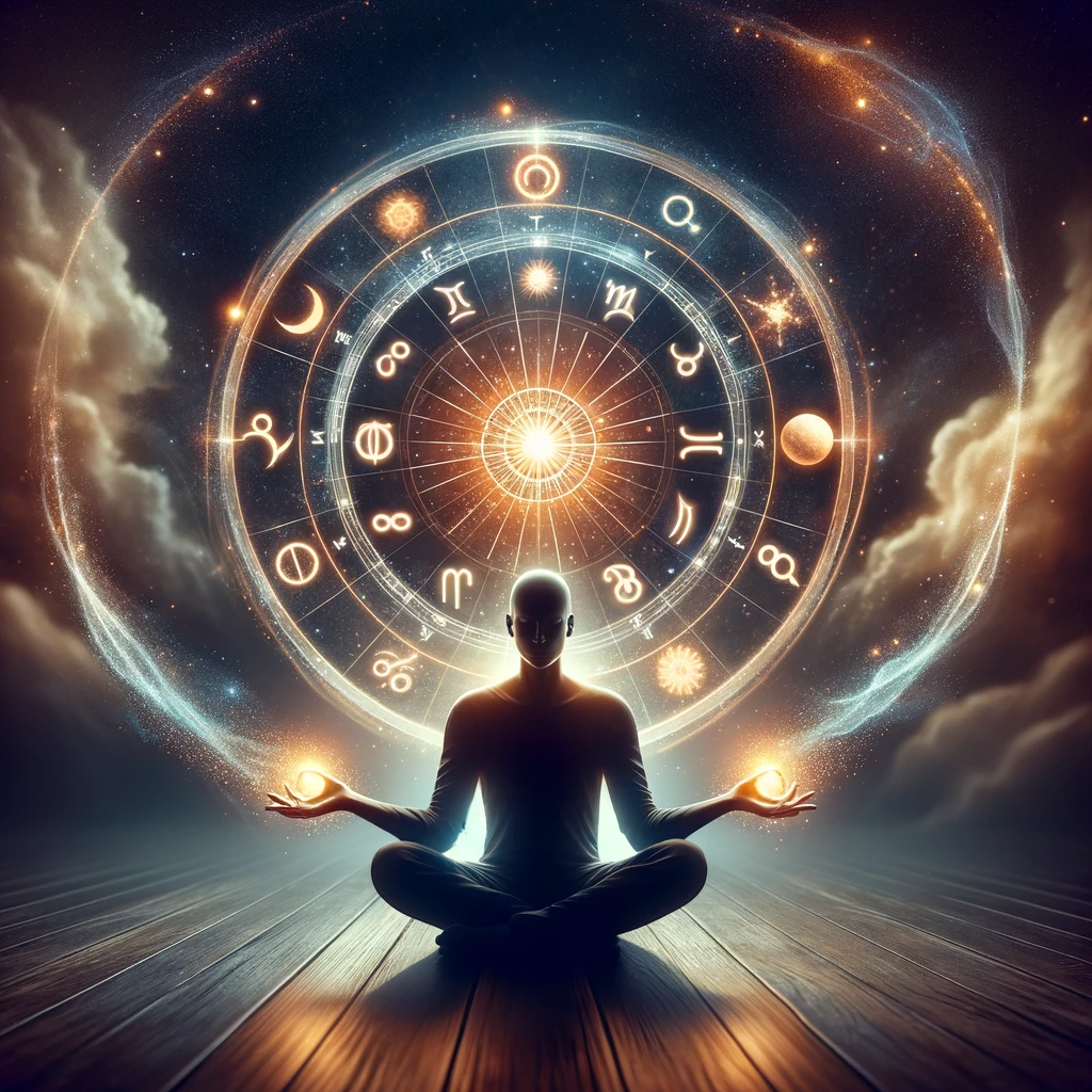 ·E 2024 01 05 23.52.30   An artistic image of a person sitting in a meditative pose, with an astrology wheel floating above their open palms. The wheel is glowing and rotating.png