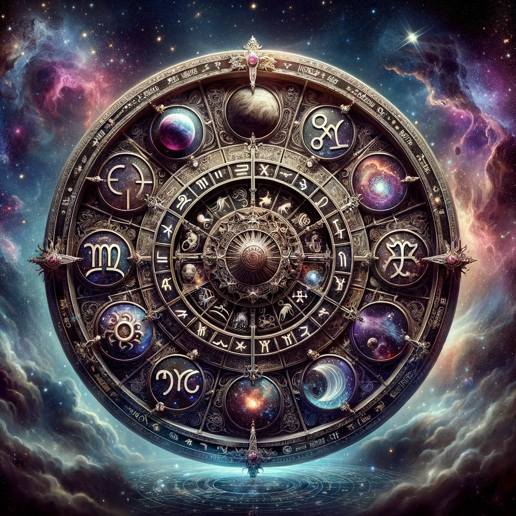 ·E 2024 01 05 23.52.31   A visually striking image of an astrology wheel, intricately designed with zodiac signs and astrological symbols. The wheel is set against a cosmic ba.png