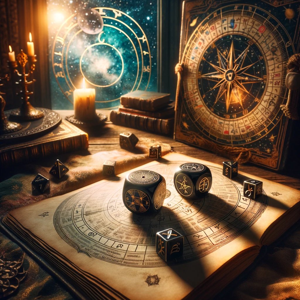 ·E 2024 01 06 01.25.41   A mystical image of astrological dice lying on an open book of astrology, with star charts and celestial diagrams in the background. The scene is set .png