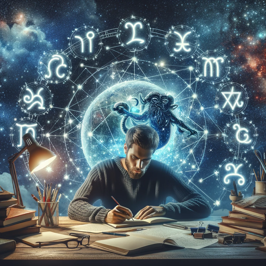 ·E 2024 01 06 16.36.09   A creative image depicting a writer at their desk under a starry sky, surrounded by astrological symbols that influence their creativity and writing s.png