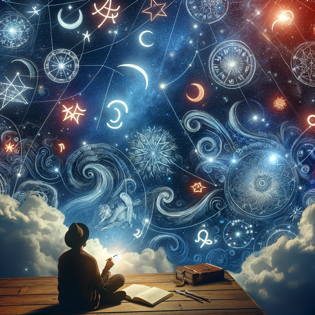 ·E 2024 01 06 16.36.14   A whimsical image of a night sky filled with astrological symbols, with a writer seated below, gazing up in wonder. The sky is a canvas of zodiac sign.png