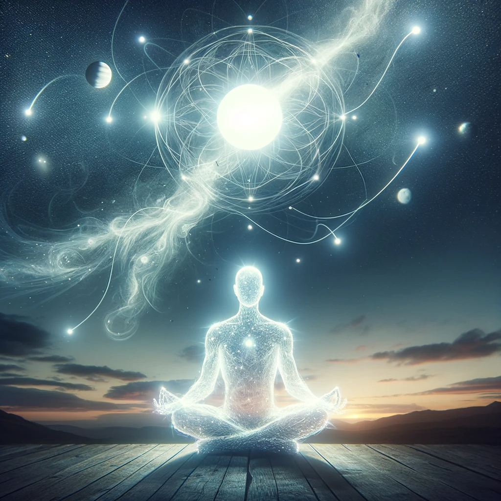 ·E 2024 01 06 17.45.02   A conceptual image of a person in a meditative pose, with a white aura emanating from them and connecting to celestial bodies in the sky. The aura and.png