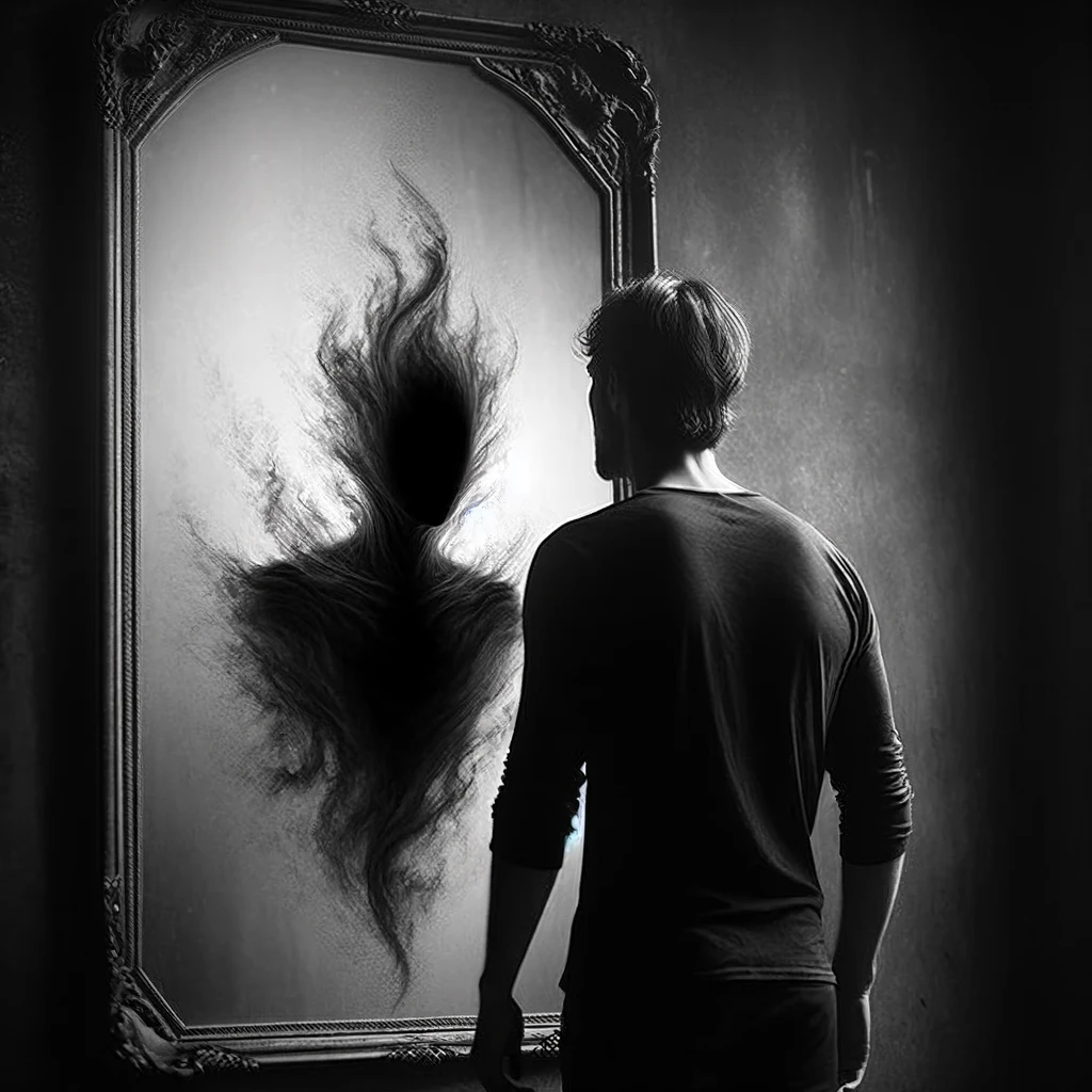 ·E 2024 01 06 18.21.00   An evocative image of a person standing before a mirror, with their reflection showing a pronounced black aura. The contrast between their physical ap.png