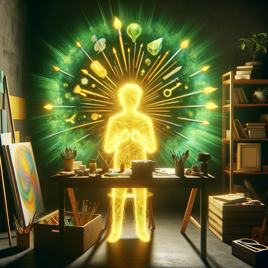 ·E 2024 01 07 19.44.31   An image showing a person in a creative workspace, like an art studio or a writer's desk, illuminated by a yellow green aura. The aura reflects creati.png