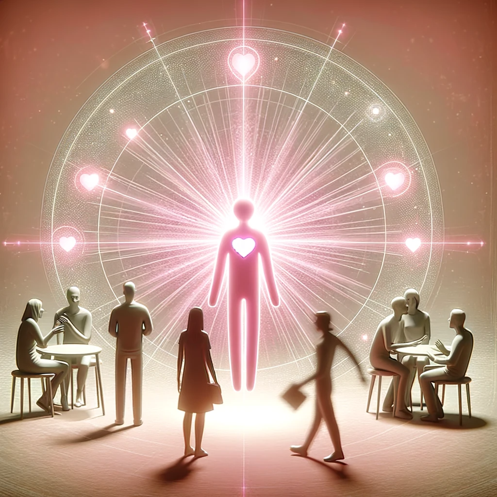 ·E 2024 01 07 19.49.38   A conceptual image of a person in a social setting, surrounded by a light pink aura. The aura signifies warmth, friendliness, and an open heart, quali.png