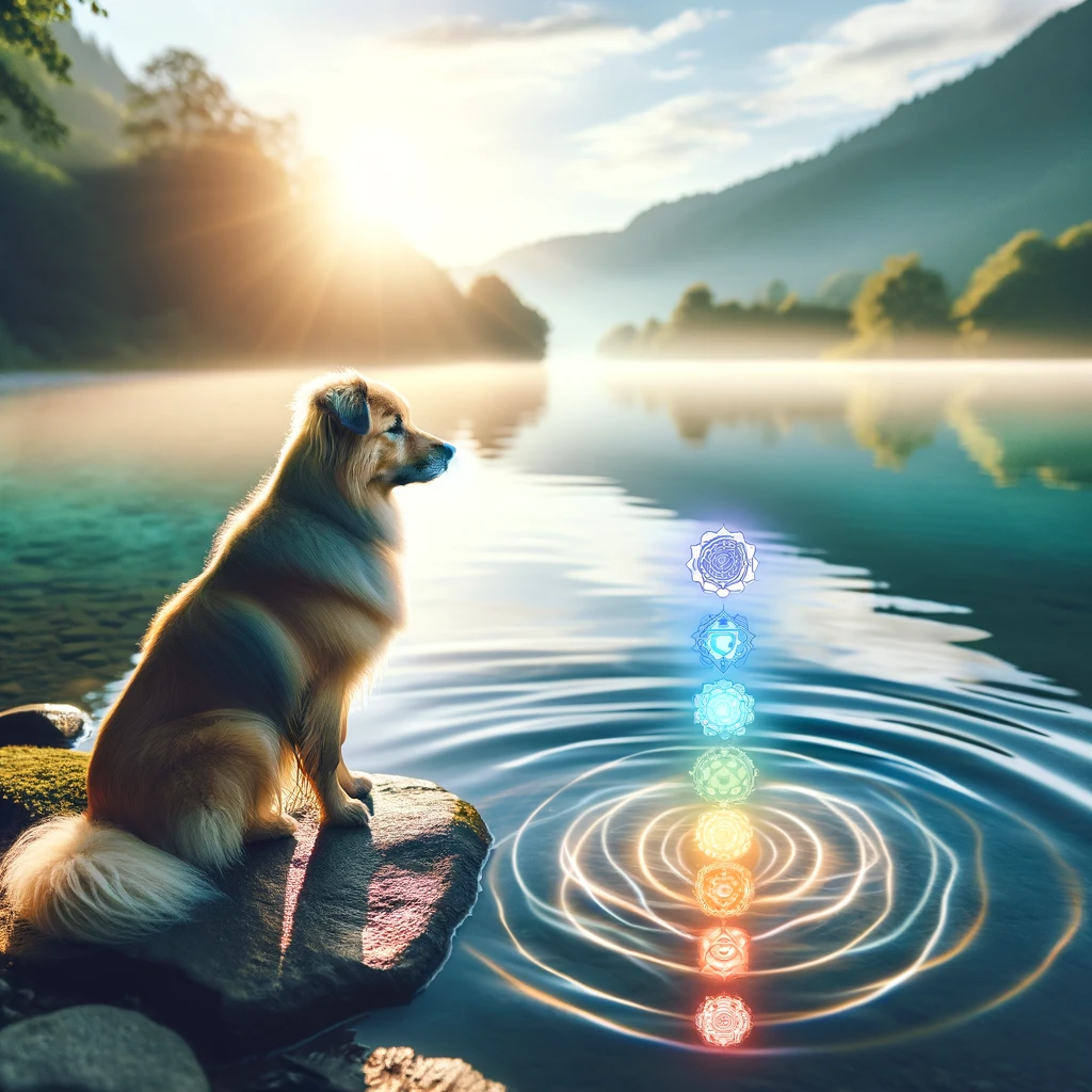 ·E 2024 01 08 21.19.43   A tranquil image of a dog sitting by a calm body of water, such as a lake or a pond, with its chakras glowing in harmony. The reflection of the chakra.png