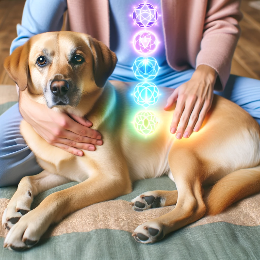 ·E 2024 01 08 21.19.45   A nurturing image of a dog receiving a chakra healing session from a human. The dog is lying down comfortably, with the human's hands positioned above.png