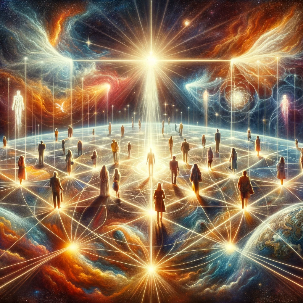 ·E 2024 01 22 18.57.36   A symbolic image of multiple people from different walks of life, all connected by beams of light, representing their collective experience of divine .png