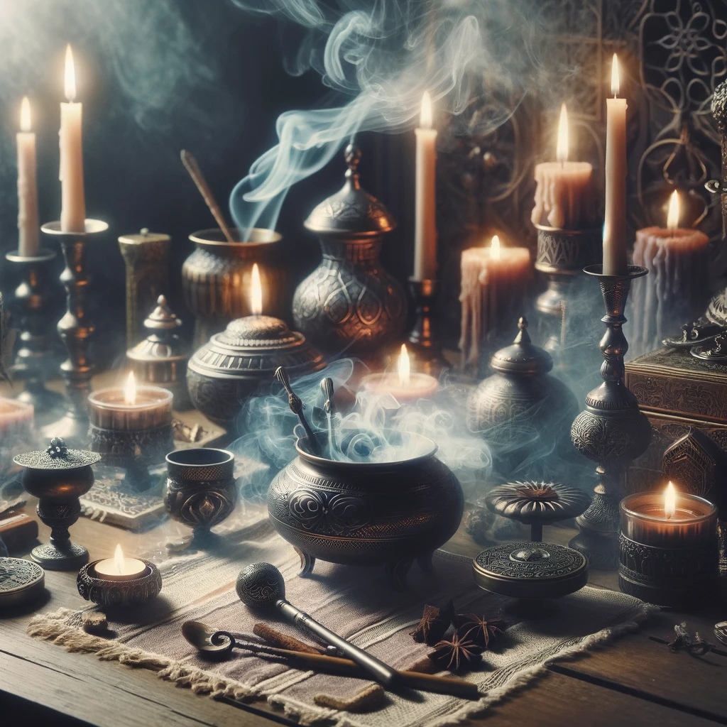 ·E 2024 01 22 19.31.29   An atmospheric image capturing the essence of a sacred space set for smoke divination. The scene includes candles, incense burners, and other ritualis.png