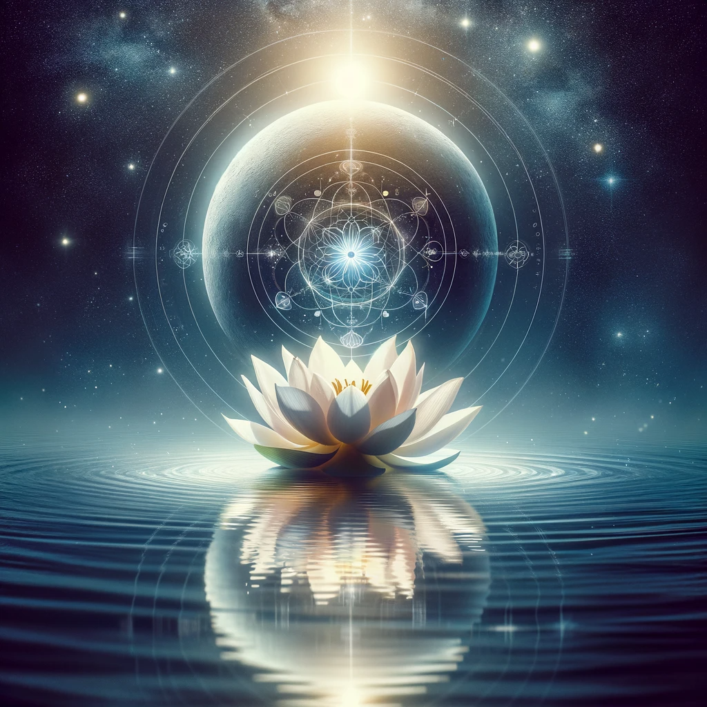 ·E 2024 01 22 20.16.08   A tranquil image of a lotus flower floating on water, with the reflection of the moon and stars creating a pattern of light around it. The lotus symbo.png