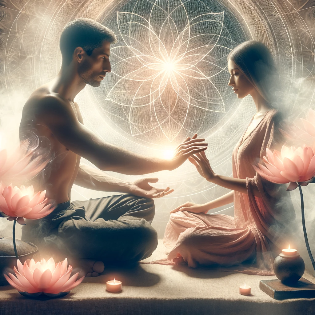 ·E 2024 02 01 05.51.57   A spiritual image of two individuals practicing tantra energy healing. They are seated facing each other in a meditative pose, with their hands gently.png