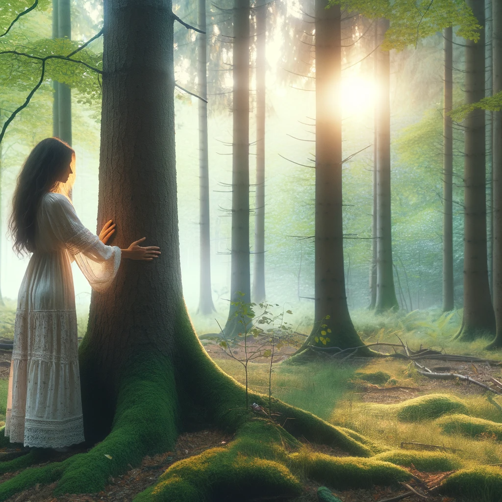 ·E 2024 02 01 01.43.33   A serene image of a woman standing in a forest, gently touching a tree, symbolizing her connection to nature and the healing of her feminine energy. T.png