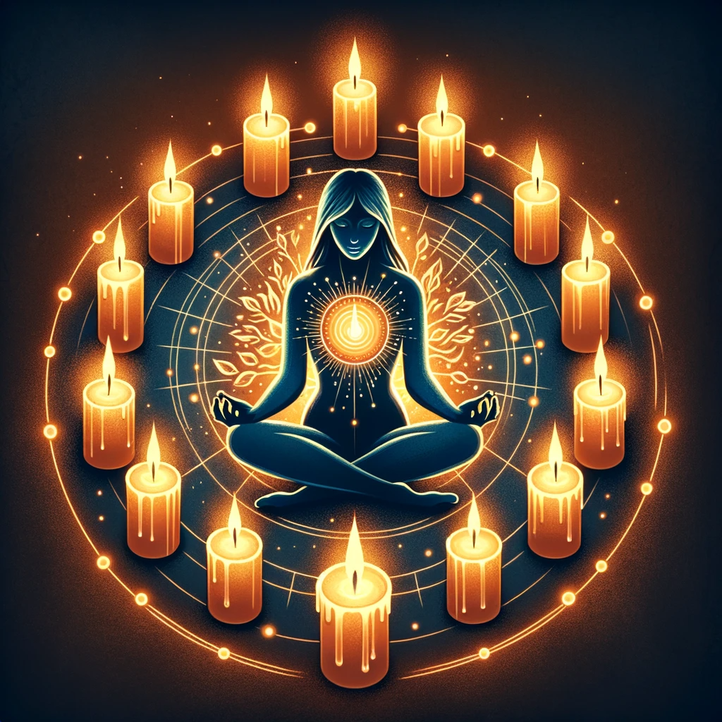 ·E 2024 02 01 01.43.35   A symbolic image of a woman surrounded by a circle of candles, engaging in a self healing ritual. The candles represent illumination, warmth, and tran.png