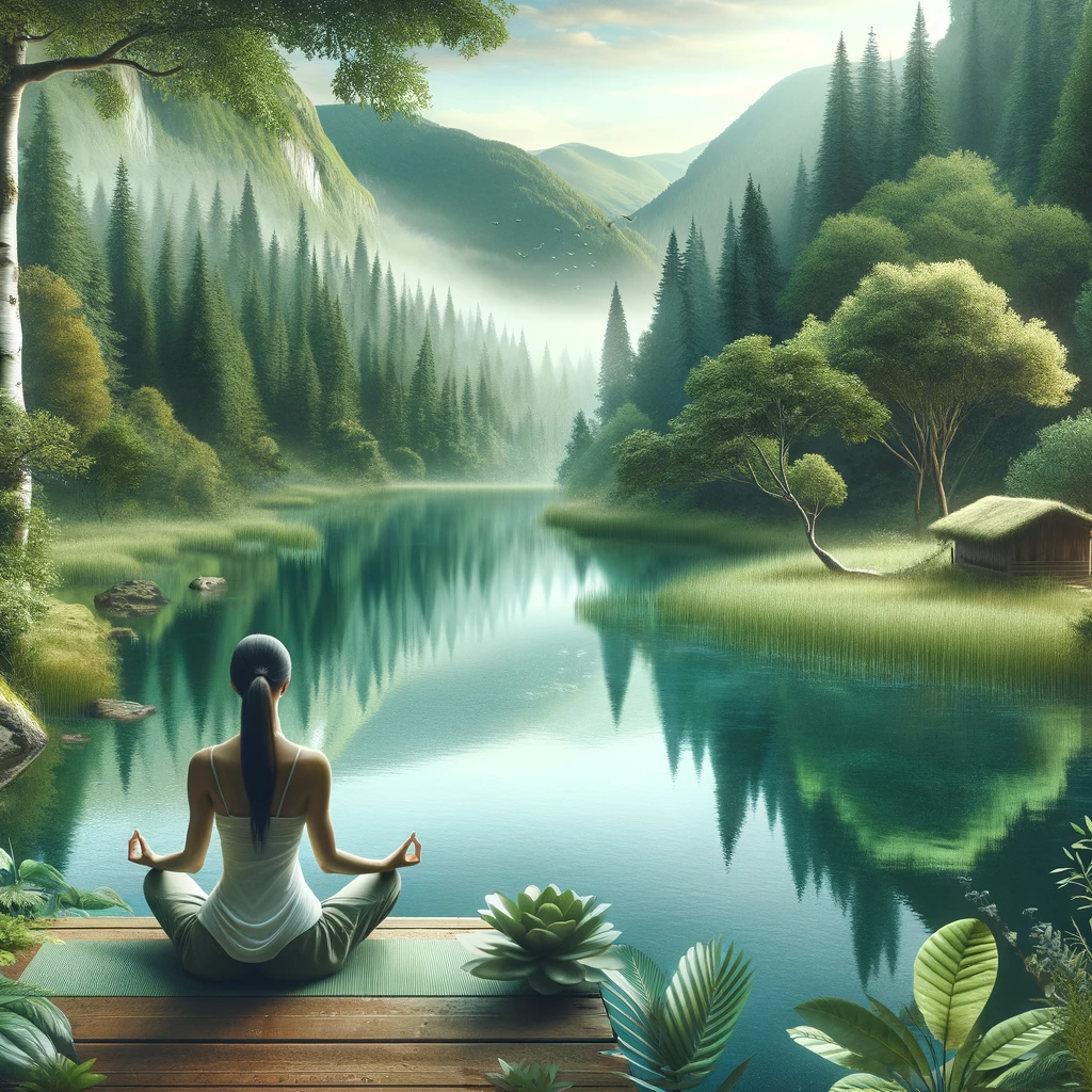 ·E 2024 02 01 01.43.36   An image of a woman practicing yoga or meditation in a tranquil outdoor setting, such as a lush forest or by a calm lake. The scene reflects her journ.png