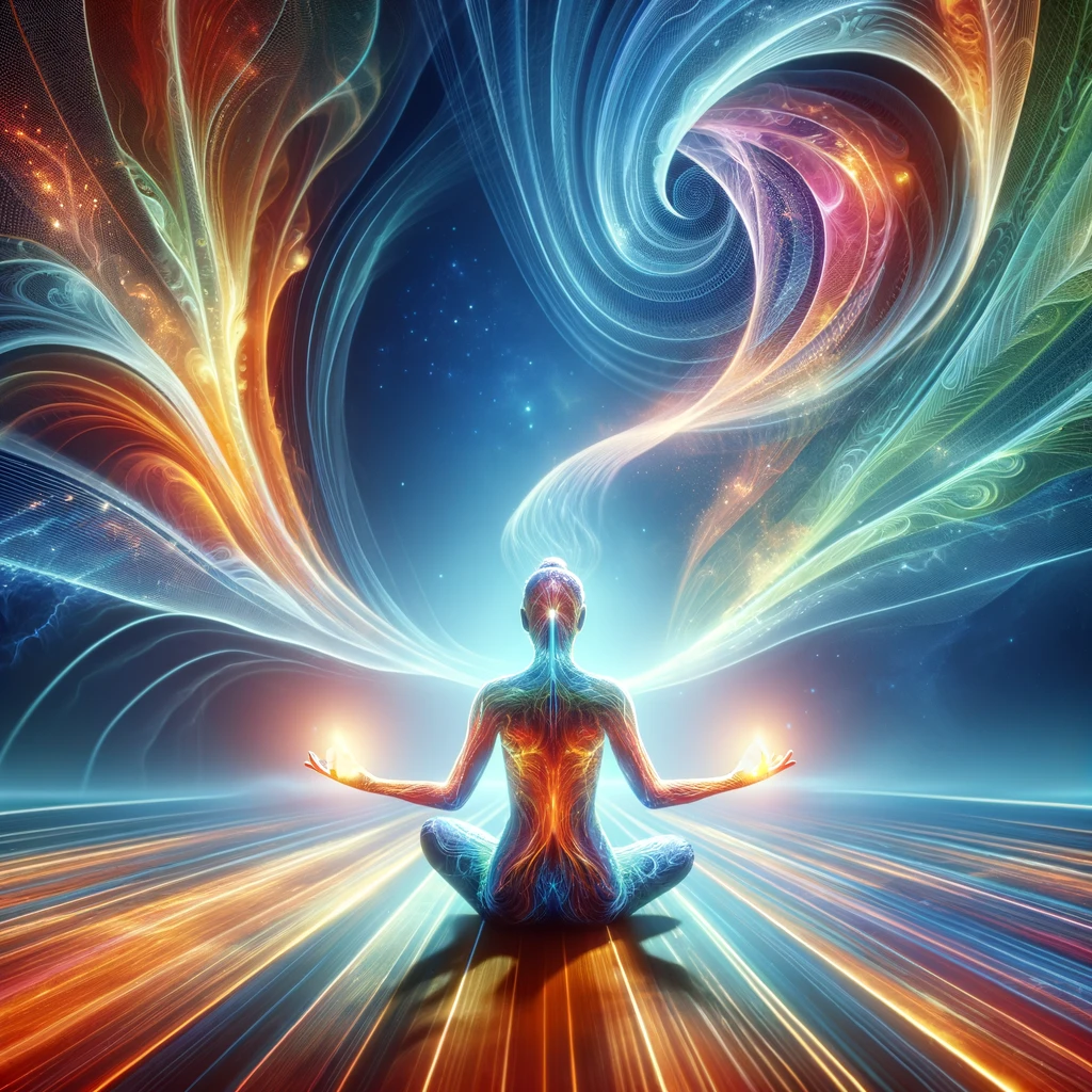 ·E 2024 02 29 20.44.04   A symbolic image of a healer sitting in a meditative pose, with their hands extended outward, sending healing energy across a distance. The energy is .webp