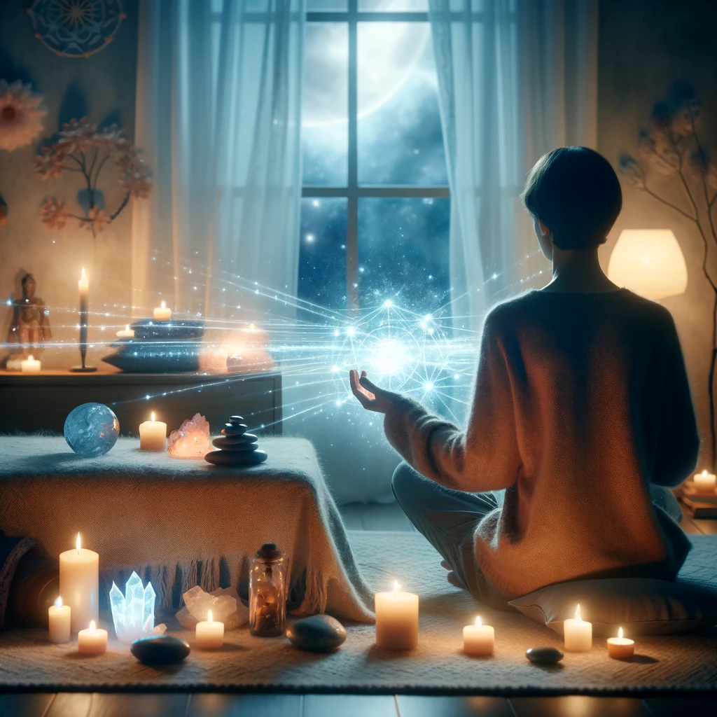 ·E 2024 02 29 20.44.15   A soothing image of a person in a peaceful, dimly lit room, meditating and sending healing energy remotely. The room is filled with symbols of tranqui.webp