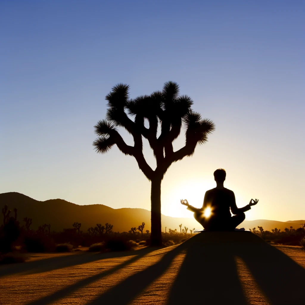 ·E 2024 02 29 20.52.56   A serene image of a person meditating under the distinctive silhouette of a Joshua tree, symbolizing the unique energy healing properties of the Joshu.webp