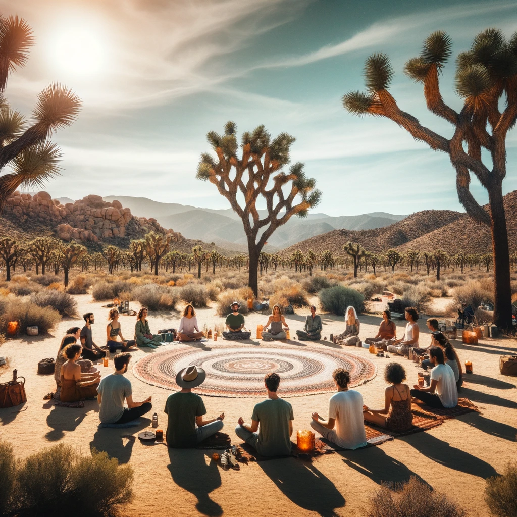 ·E 2024 02 29 20.52.59   A peaceful image of a healing circle held in the Joshua Tree desert, with participants seated in a circle on the ground. They are engaged in a group m.webp