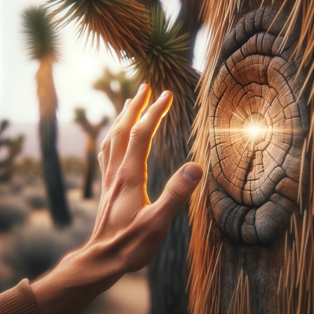 ·E 2024 02 29 20.53.00   A close up image of a Joshua tree with hands gently touching its bark, symbolizing a personal connection with the tree's healing energy. The focus is .webp