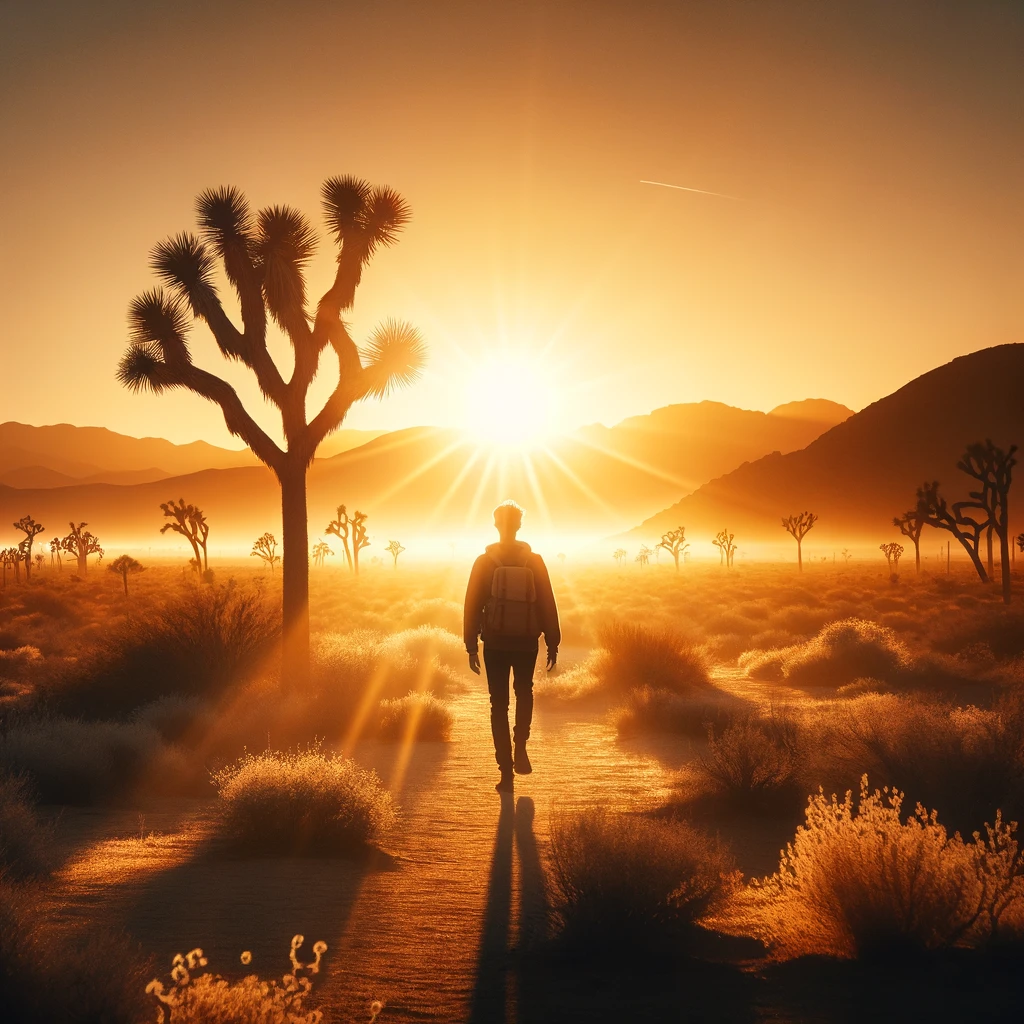 ·E 2024 02 29 20.53.01   An inspiring image of an individual walking through the Joshua Tree desert at sunrise, embodying the journey of self discovery and healing. The early .webp
