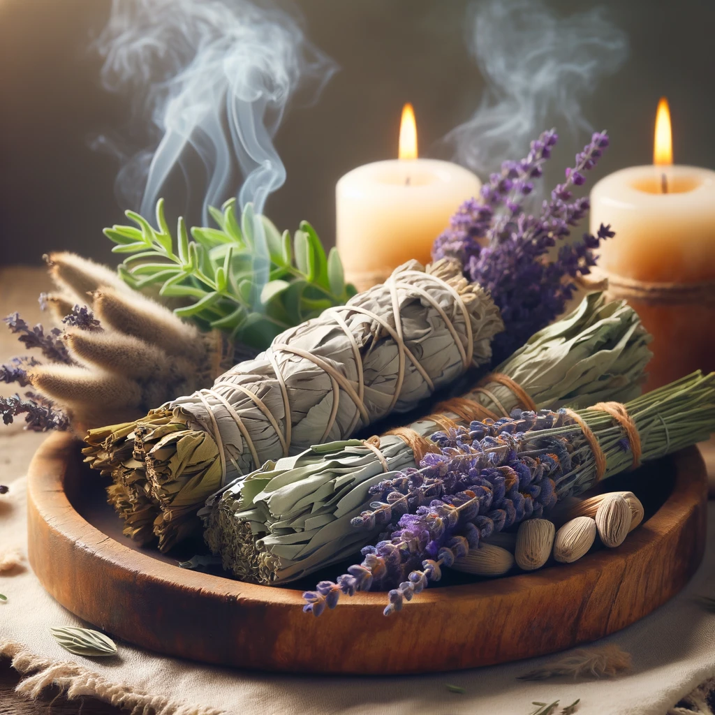 ·E 2024 02 29 21.02.44   An image of an arrangement of healing herbs, such as sage and lavender, tied in bundles and placed alongside candles. The herbs emit a gentle smoke, s.webp