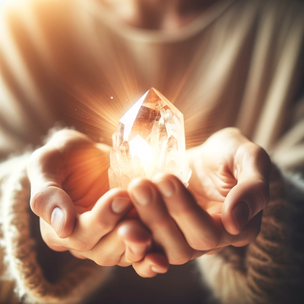 ·E 2024 02 29 21.02.47   An image of a person's hands holding a crystal, with energy visibly emanating from it. The crystal glows with a warm, healing light, symbolizing its u.webp