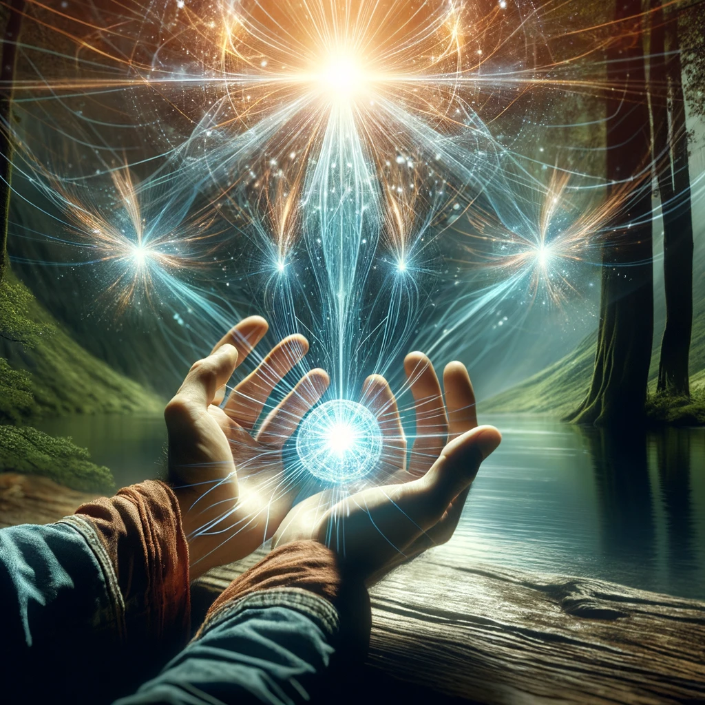 ·E 2024 02 29 21.10.39   A spiritual image of a person with their hands outstretched, releasing streams of healing energy into the universe. The energy is visualized as radian.webp