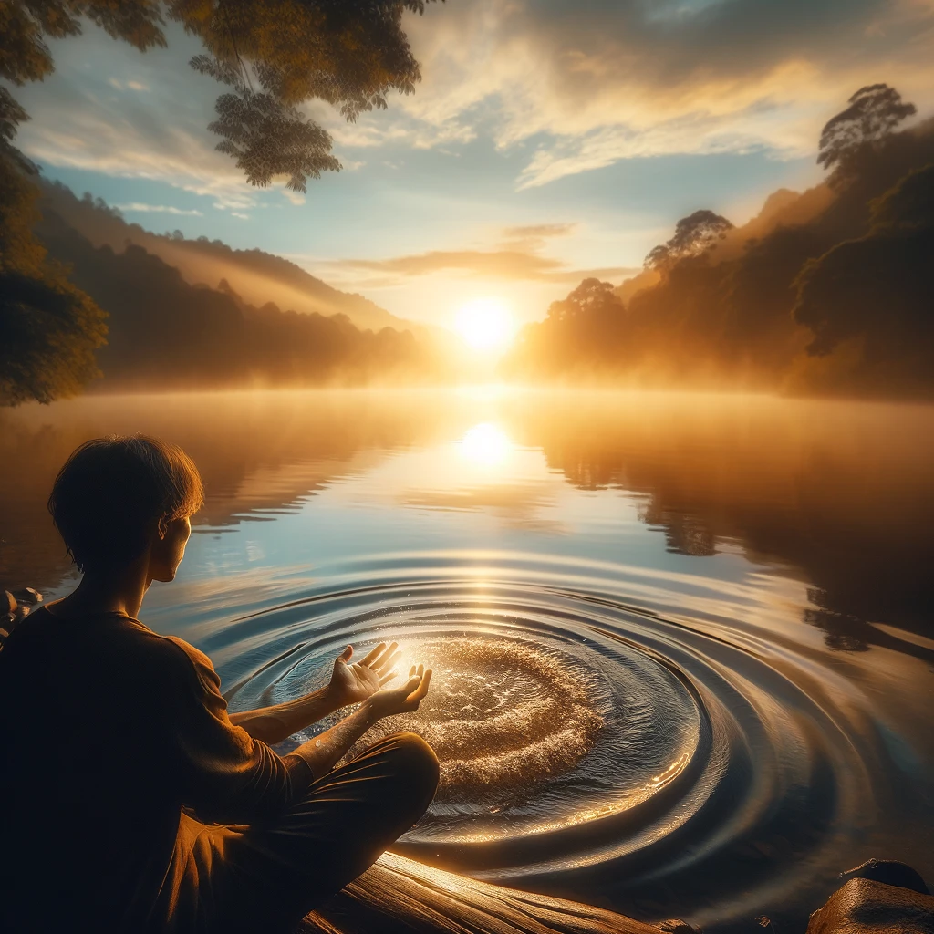 ·E 2024 02 29 21.10.42   A tranquil image of a person sitting by a calm lake at sunrise, their hands outstretched towards the water, sending healing energy. The early morning .webp