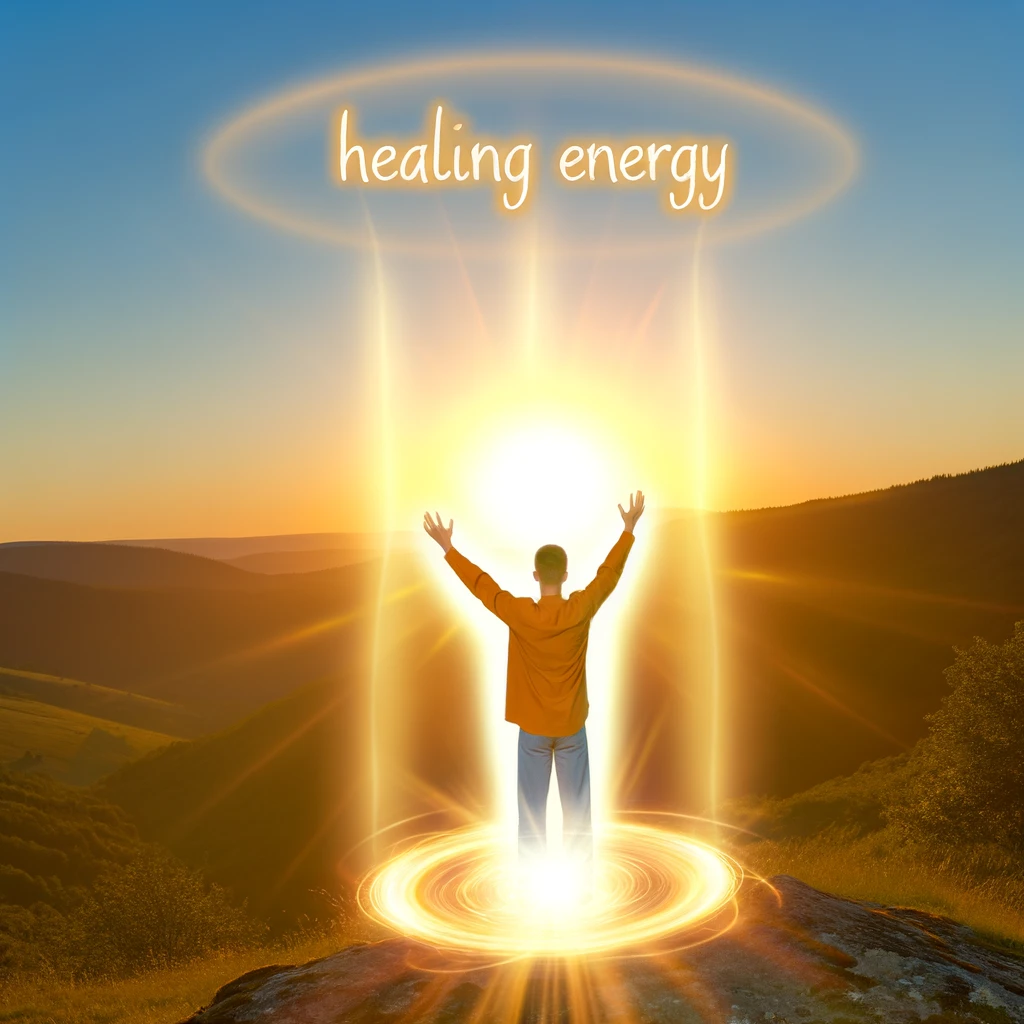 ·E 2024 02 29 21.10.45   An inspiring image of an individual standing on a hilltop at sunset, arms raised to the sky, channeling and sending healing energy into the world. The.webp
