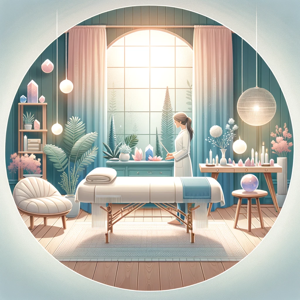 ·E 2024 03 01 01.29.15   An image depicting a serene healing space, with a professional energy healer preparing the room for a session. The room features calming colors, gentl.webp