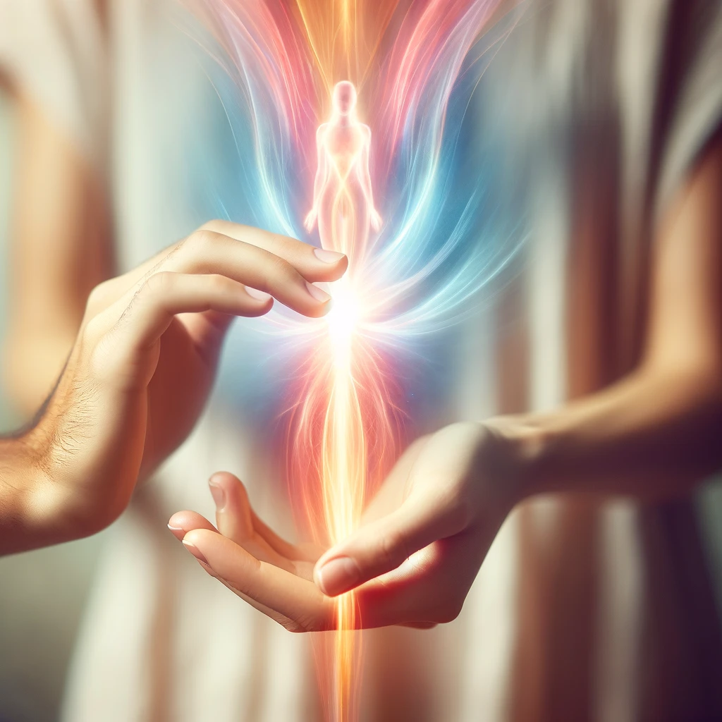 ·E 2024 03 01 01.29.17   A close up of two hands, one hovering slightly above the other without touching, between them a visible flow of colorful energy. This image symbolizes.webp