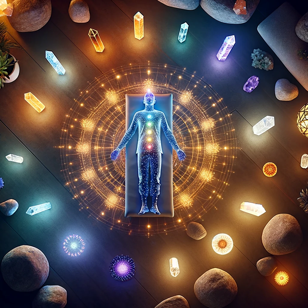 ·E 2024 03 07 00.40.04   An individual lying down on a comfortable mat, surrounded by a variety of crystals placed strategically around the body. Each crystal emits a distinct.webp