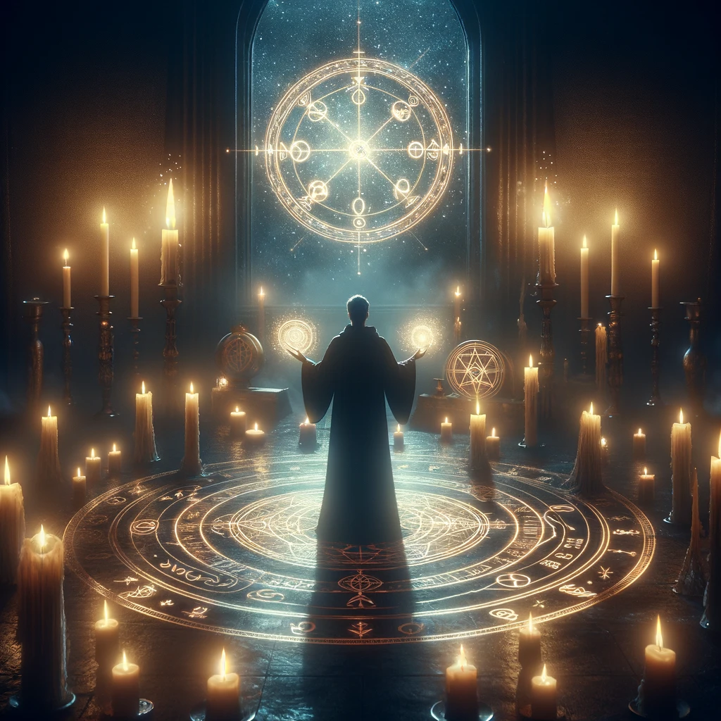 ·E 2024 03 07 00.49.23   A mystical and atmospheric image depicting a solitary figure standing within a ritual circle, surrounded by ancient symbols and softly glowing candles.webp