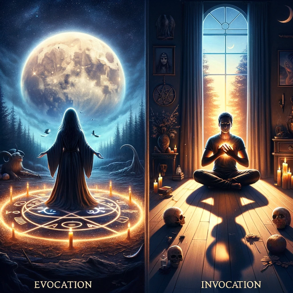 ·E 2024 03 07 00.49.26   A captivating scene showing two contrasting halves in a single image to illustrate the difference between evocation and invocation. On the left, a fig.webp