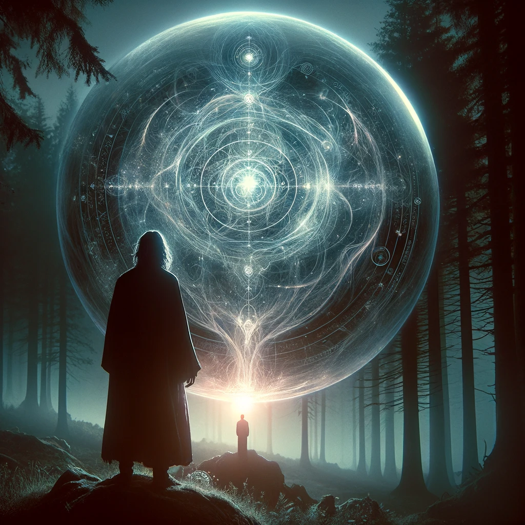 ·E 2024 03 07 00.49.27   A mysterious and ethereal image of a figure standing at the edge of a forest at dusk, gazing into a large, glowing crystal ball. The crystal ball reve.webp