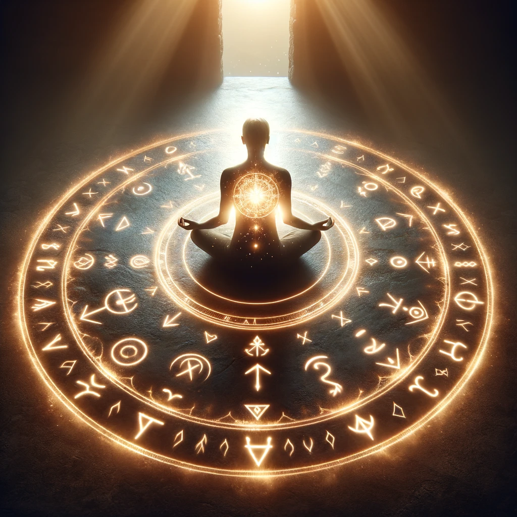·E 2024 03 07 00.49.28   A serene and powerful image showcasing an individual in deep meditation within a circle of light, surrounded by ancient runes that glow softly on the .webp