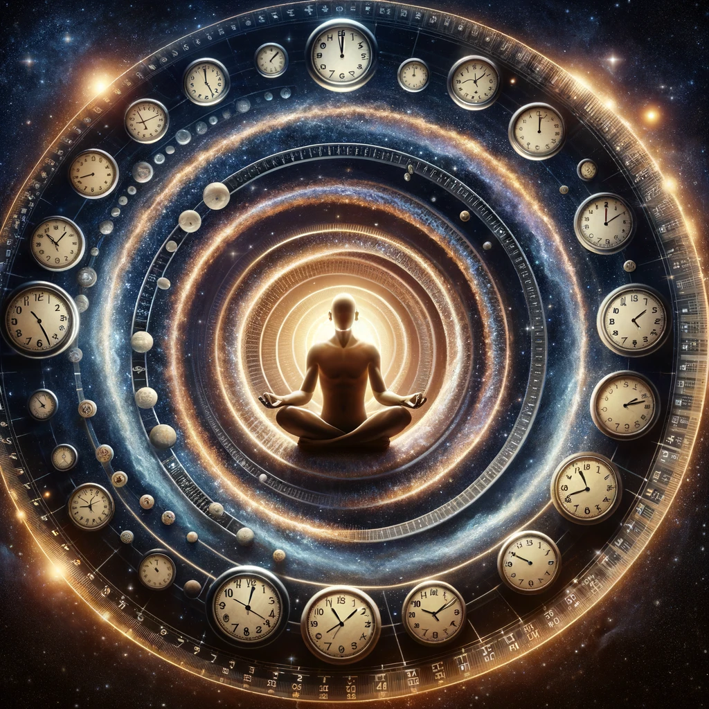 ·E 2024 03 07 01.15.21   An abstract and symbolic representation of precognition, featuring a person seated in a lotus position, surrounded by a spiral of clocks and calendar .webp