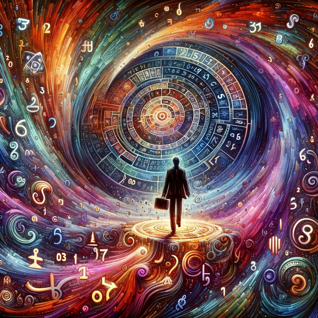 ·E 2024 03 07 01.15.22   A detailed image of a figure standing amidst a swirling vortex of symbols, numbers, and abstract patterns that flow into and around them, symbolizing .webp