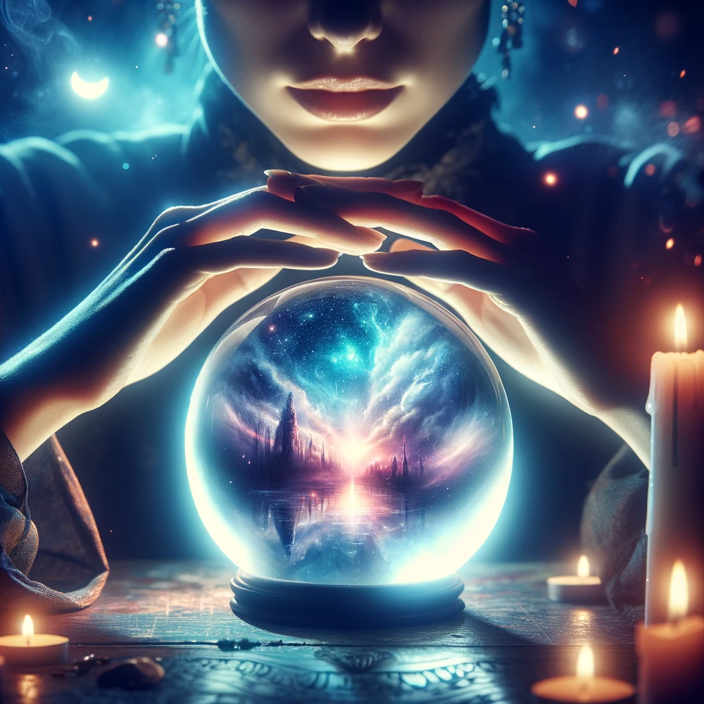 ·E 2024 03 07 01.15.26   A mystical image of a person seated at a table, their eyes closed as if in deep concentration, with a crystal ball in front of them glowing softly. Th.webp