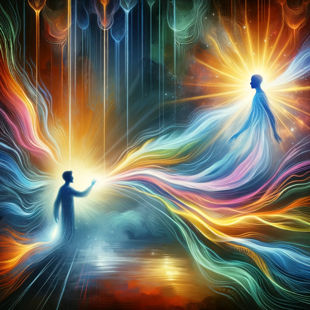 ·E 2024 02 29 20.44.16   An artistic representation of energy waves flowing between a healer and a distant recipient. The healer is visualized as a silhouette radiating vibran.webp