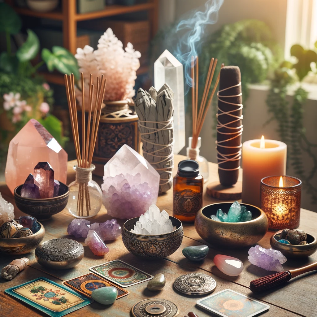 ·E 2024 02 29 21.02.48   A serene image showcasing a variety of energy healing tools arranged in a harmonious setting. The collection includes crystals, incense, sage bundles,.webp