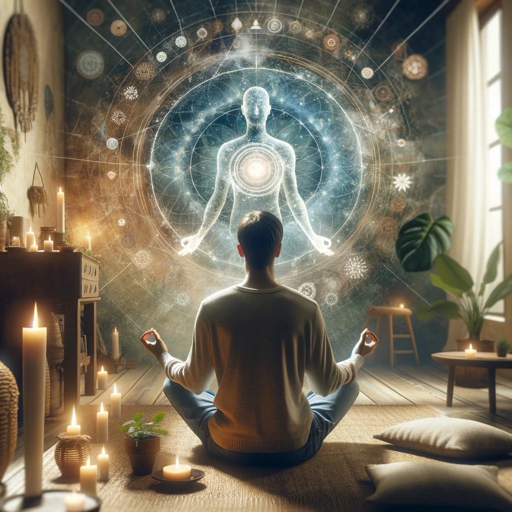 ·E 2024 02 29 21.10.44   A conceptual image of a person in a peaceful indoor setting, focusing deeply as they visualize sending healing energy to someone far away. The room is.webp